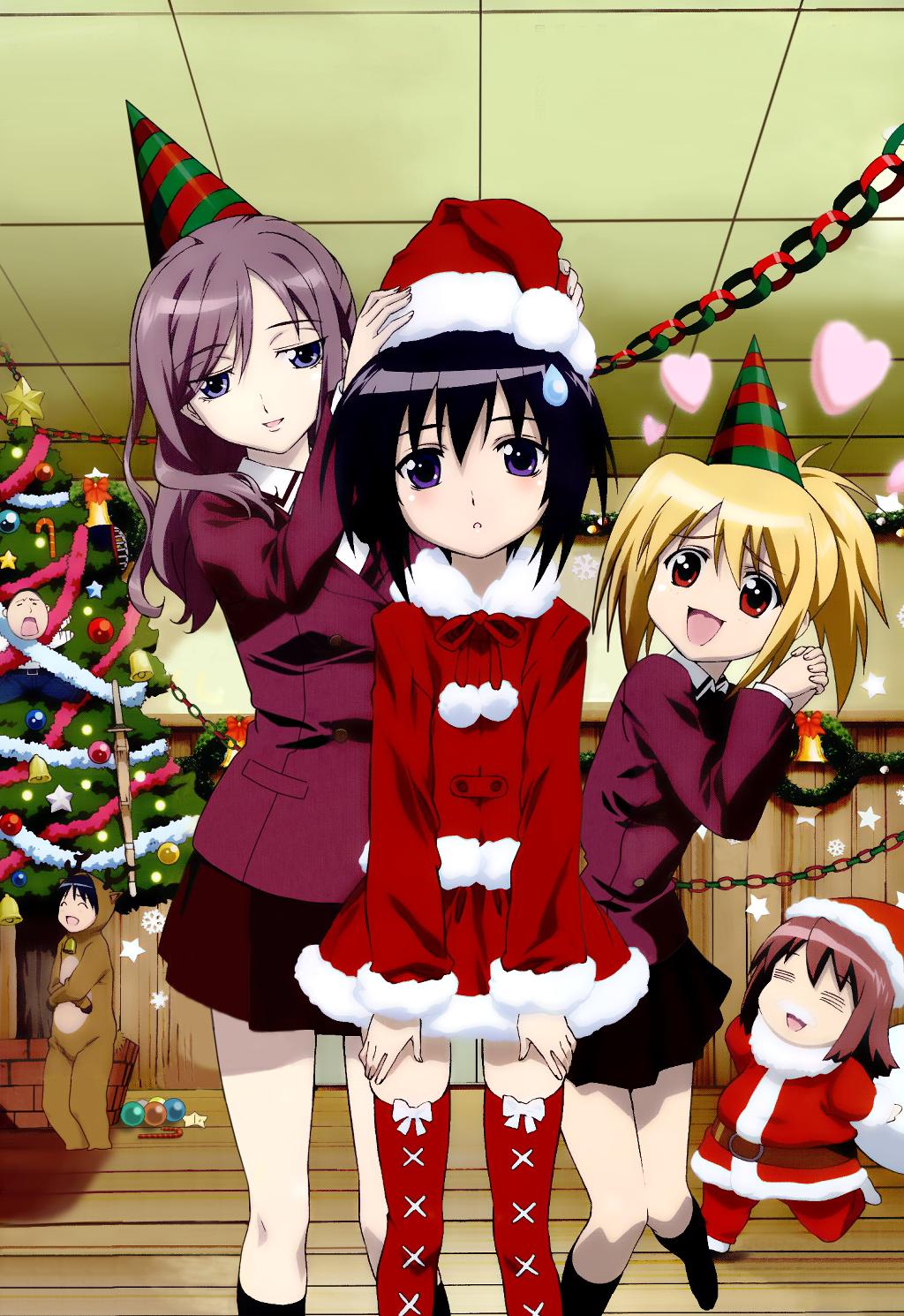 00s, 2boys, 5girls, bamboo_blade, chiba_kirino, christmas, eiga_danjuurou, hat, heart, highres, indoors, kawazoe_tamaki, kuwahara_sayako, miyazaki_miyako, multiple_boys, multiple_girls, nakata_yuuji, santa_costume, santa_hat, school_uniform, serafuku, sweatdrop, thighhighs, zettai_ryouiki