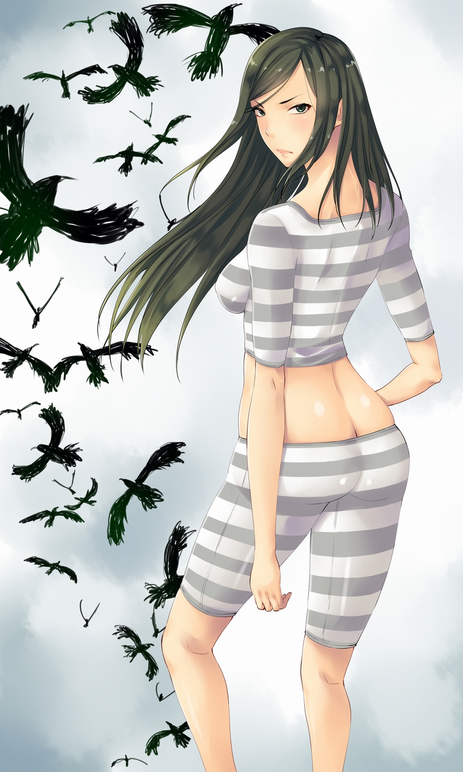 10s, 1girl, arios_(orochi_yuta), ass, bird, black_hair, breasts, butt_crack