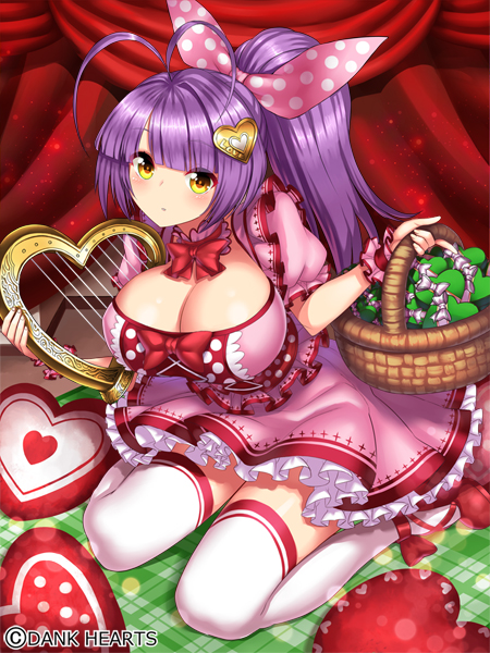 1girl, bow, bowtie, breasts, cleavage, harp, harp_of_aengus_(weapon_girls), heart