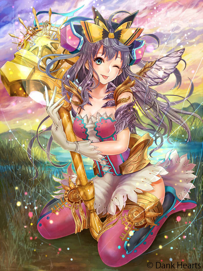 1girl, ;p, aqua_eyes, black_hair, boots, female_focus, gloves, hammer