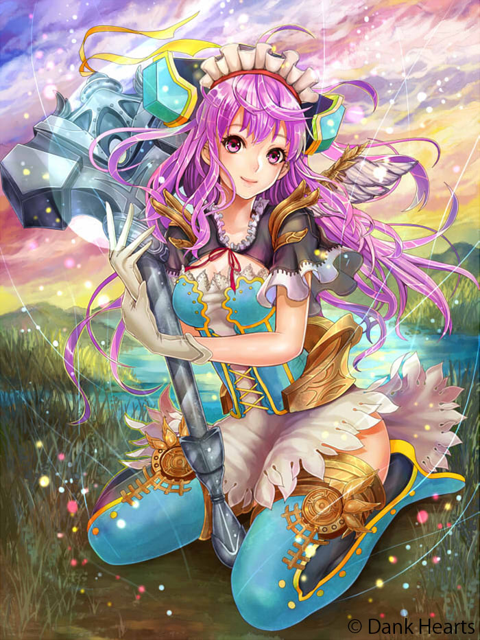 1girl, boots, female_focus, hammer, headdress, headgear, looking_at_viewer, maid_headdress