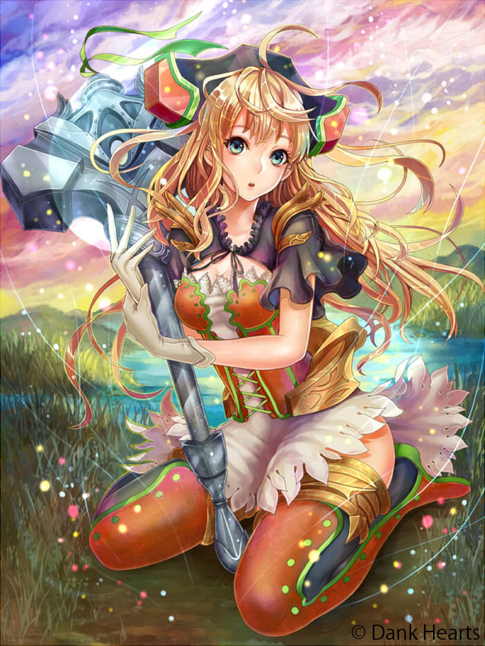 1girl, :o, aqua_eyes, blonde_hair, boots, capelet, dank_hearts, female_focus, gloves, hammer, headgear, looking_at_viewer, mjolnir_(weapon_girls), original, outdoors, skirt, solo, sweetwitch, thigh_boots, thighhighs, weapon, weapon_girls