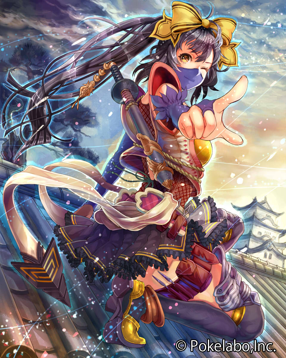 1girl, ;), architecture, armor, black_hair, black_thighhighs, building, covered_mouth