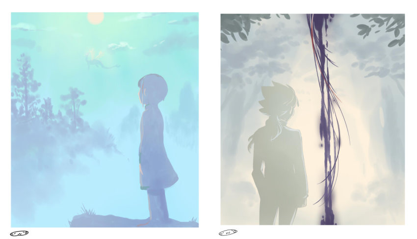 2boys, bad_id, bad_pixiv_id, cloud, from_behind, hair_ornament, hakuryuu_(inazuma_eleven), inazuma_eleven_(series)