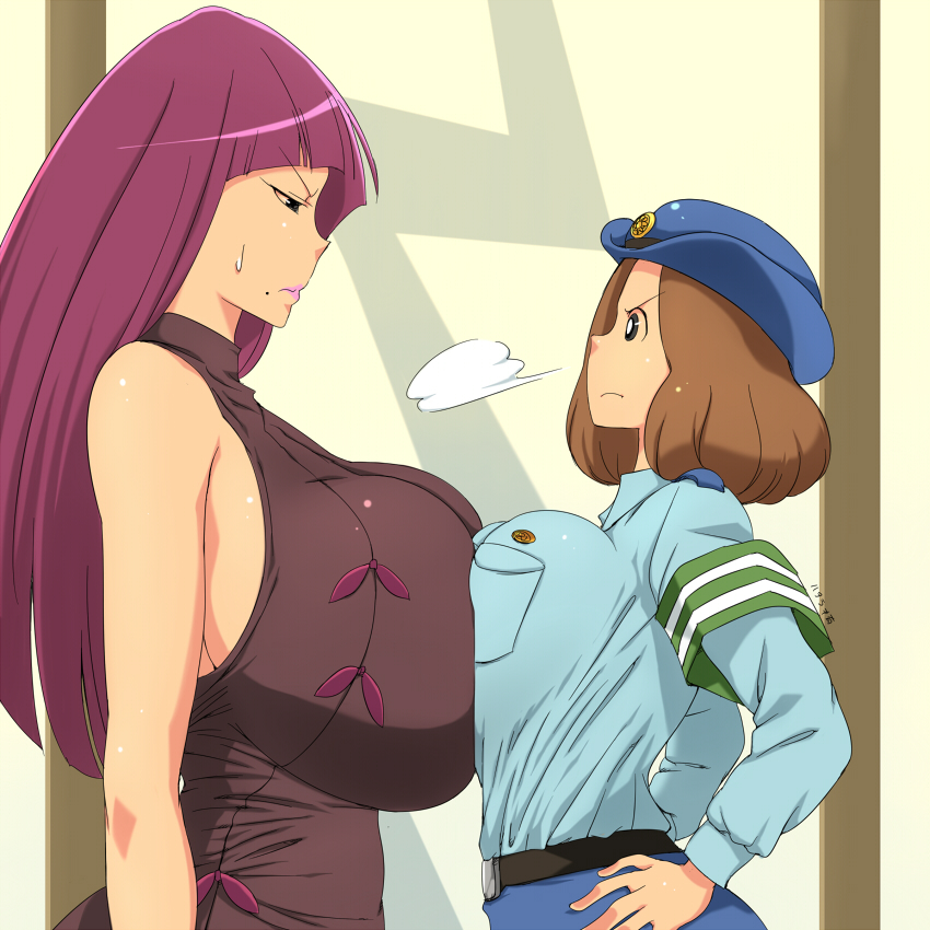 2girls, asymmetrical_docking, belt, breast_contest, breast_press, breasts, brown_hair, crayon_shin-chan, crayon_shin-chan:_gachinko!_gyakushuu_no_robo_toochan, dandanbara_teruyo, eye_contact, face-to-face, female_service_cap, gigantic_breasts, hat, hataraki_ari, huge_breasts, japan_national_police, long_hair, looking_at_another, mole, multiple_girls, omega_ranran, pink_hair, police, police_hat, police_uniform, policewoman, short_hair, sideboob, sleeveless, sleeveless_turtleneck, stare_down, staring, sweatdrop, turtleneck, very_long_hair