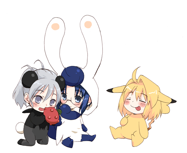 00s, 3girls, ahoge, arcueid_brunestud, blonde_hair, blue_eyes, blue_hair, chibi