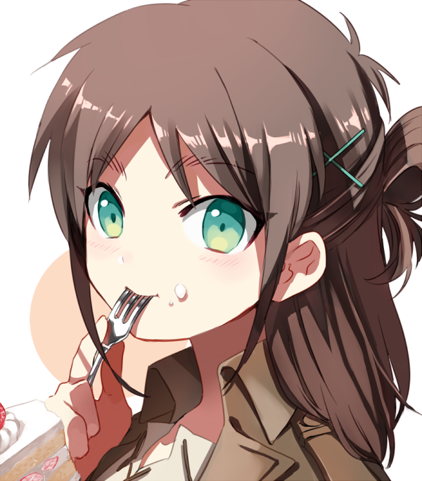1girl, bad_id, bad_pixiv_id, blush, brown_hair, cake, cream, cream_on_face
