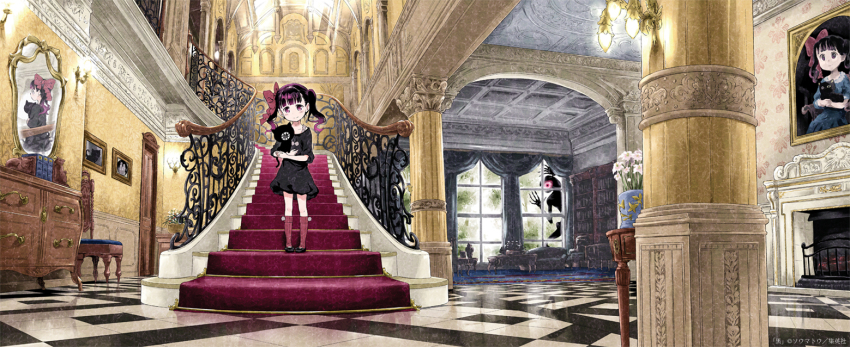 1girl, black_dress, bow, chair, checkered_floor, child, coco_(kuro), cyclops, dress, fireplace, floor, flower, hair_bow, house, indoors, kneehighs, kuro_(kuro), kuro_(manga), mirror, one-eyed, original, painting_(object), pillar, purple_eyes, purple_hair, smile, socks, soumatou_(mayoibashi), stairs, twintails, vase, window