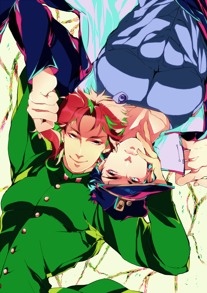 2boys, blue_eyes, blue_hair, emir_ia, gakuran, jojo_no_kimyou_na_bouken, kakyoin_noriaki, kuujou_joutarou