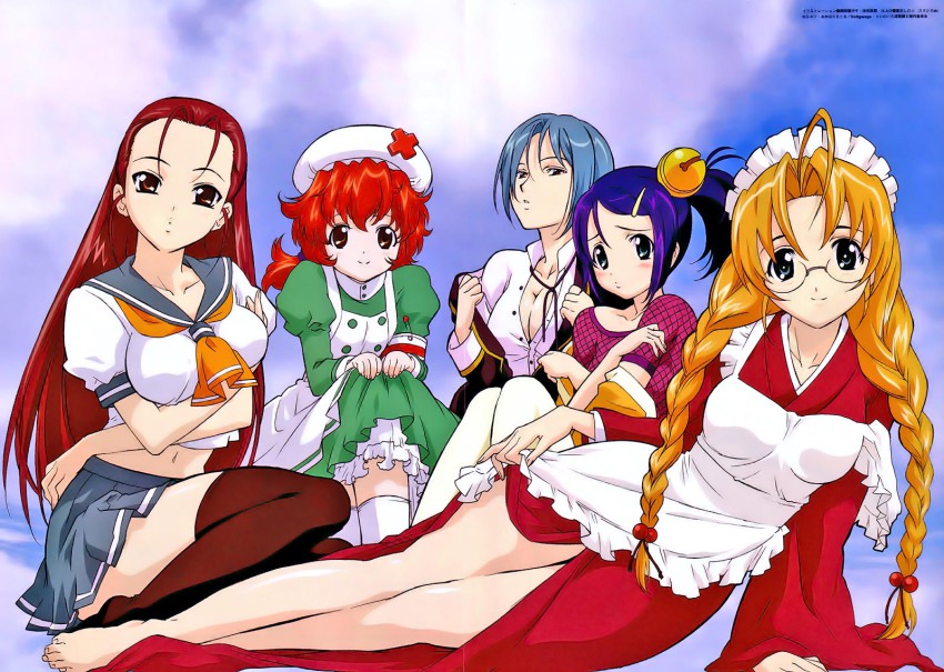 5girls, ahoge, antenna_hair, apron, armband, barefoot, bell, beret