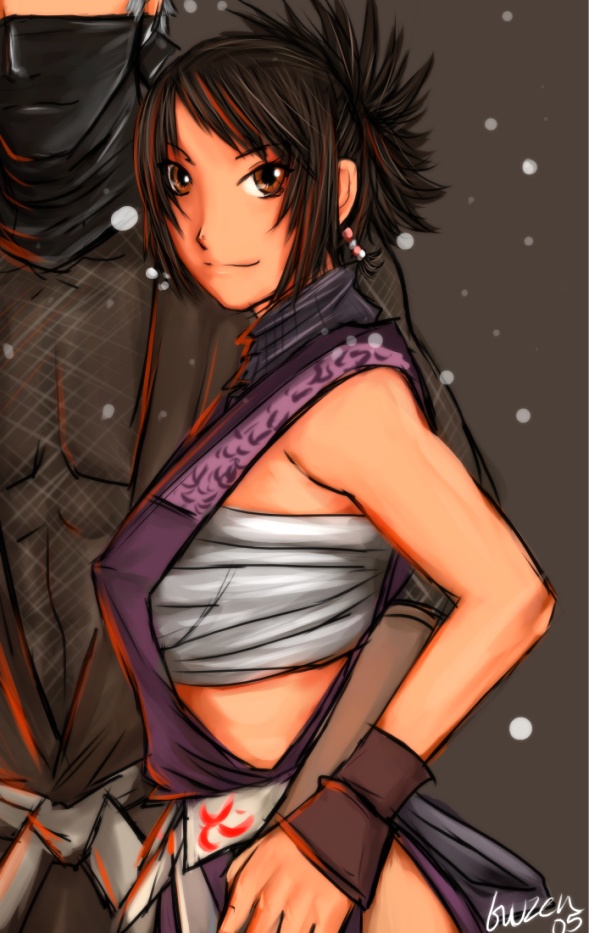 1boy, 1girl, arm_around_another's_waist, armor, ayame, ayame_(tenchuu), breasts, brown_eyes