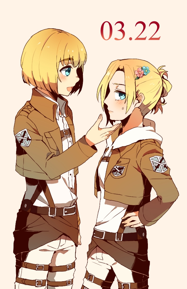 1boy, 1girl, annie_leonhart, aqua_eyes, armin_arlert, bad_id, bad_pixiv_id, belt