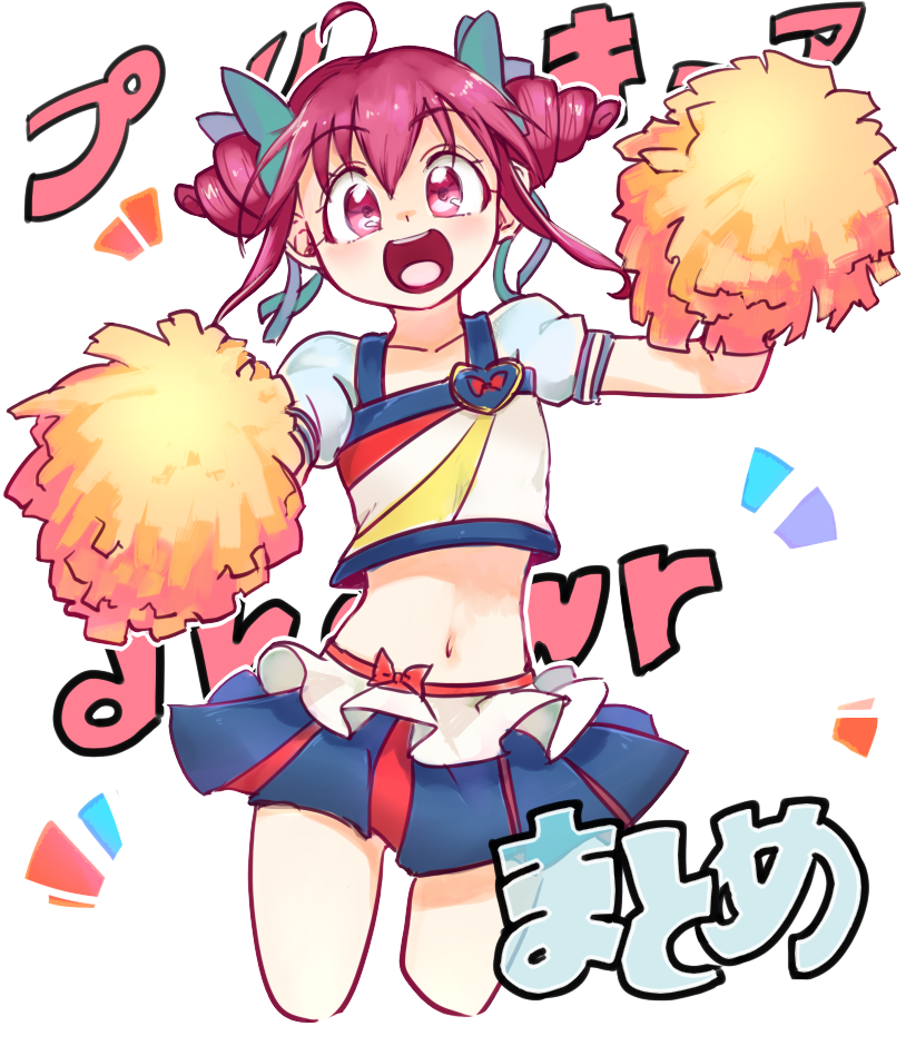 1girl, :d, ahoge, blue_skirt, bow, brooch, cheerleader, cosplay