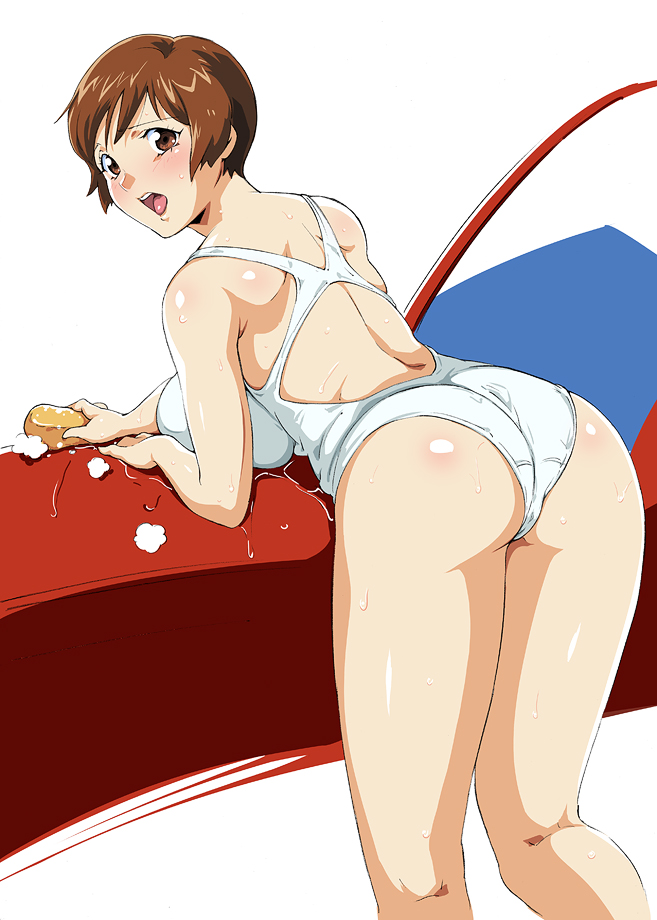 1girl, ass, breast_rest, breasts, brown_eyes, brown_hair, competition_swimsuit, engawa_suguru