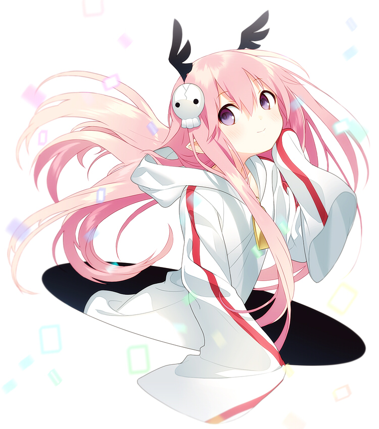 1girl, female_focus, hair_ornament, head_wings, hood, hoodie, long_hair, long_sleeves, oversized_clothes, pink_hair, pointy_ears, purple_eyes, ruki_(senyuu), sen'yuu., skull, smile, solo, wings, yamiya_(8_18dlq)