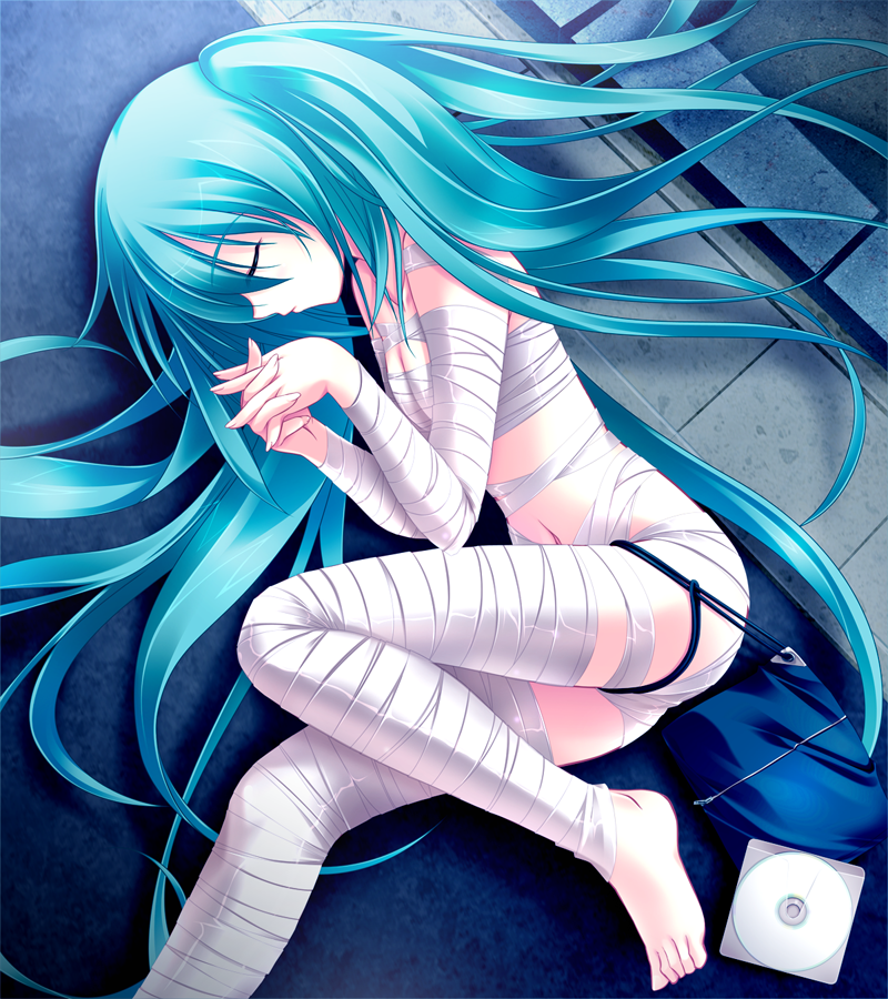 1girl, amino, amino_kohaku, bandages, barefoot, blue_hair, cd, chobits, feet, female_focus, green_hair, hatsune_miku, long_hair, lying, mirai_no_kimi_to_subete_no_uta_ni, naked_ribbon, non-web_source, parody, ribbon, solo, twintails, very_long_hair, vocaloid