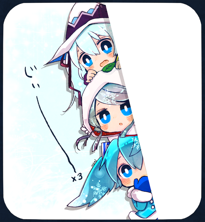 3girls, aqua_hair, blue_eyes, blush, chibi, fang, hat, hatsune_miku, japanese_clothes, kimono, leaf, mami_(sweetcandy), mittens, multiple_girls, open_mouth, peeking_out, snowflakes, uchikake, vocaloid, yuki_miku