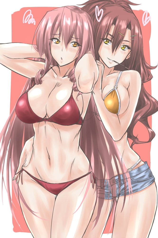 10s, 2girls, akuma_no_riddle, bikini, breasts, brown_hair, food, heart