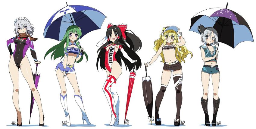 5girls, alternate_costume, anime_coloring, asymmetrical_clothes, asymmetrical_legwear, bare_legs, bare_shoulders, belt