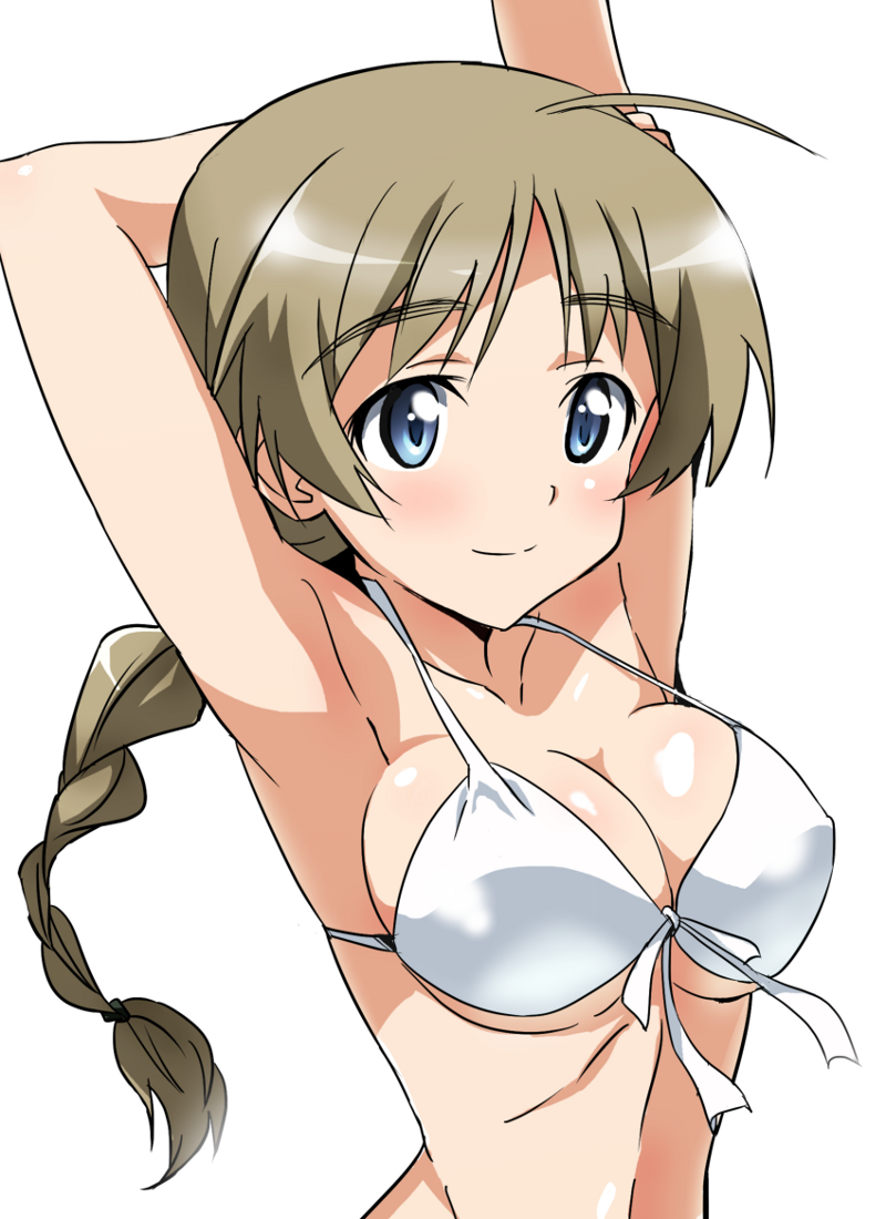 1girl, arm_behind_head, arm_up, armpits, bikini, bikini_top_only, blue_eyes, blush