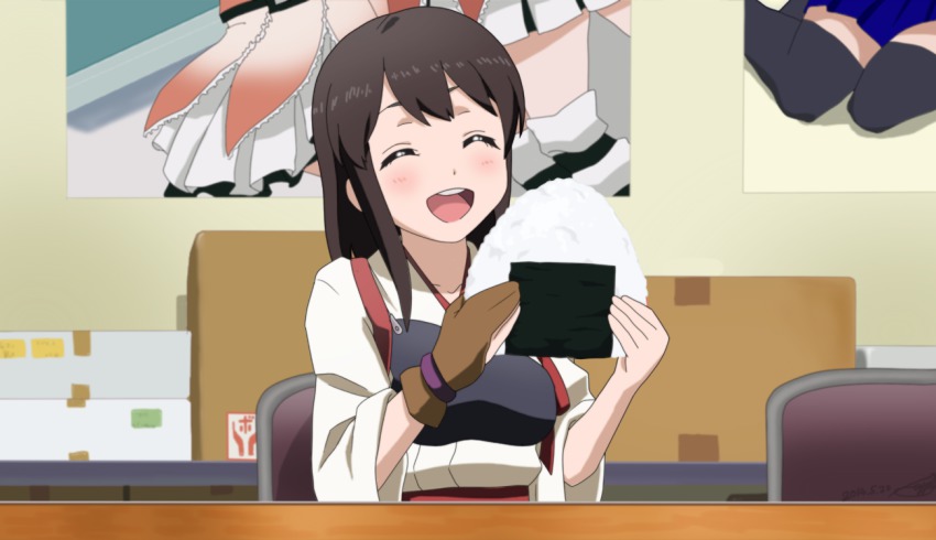 1girl, :d, ^_^, akagi_(kancolle), anime_coloring, brown_hair, closed_eyes, food