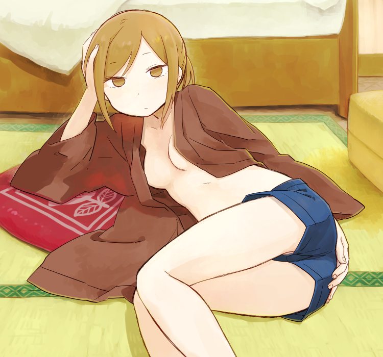 1girl, arm_support, bad_id, bad_pixiv_id, breasts, brown_eyes, brown_hair, cleavage, etrian_odyssey, expressionless, female_focus, hand_on_own_ass, hoshigaki_(kyuukp), lying, no_bra, no_panties, on_side, open_clothes, open_shirt, ponytail, sekaiju_no_meikyuu, sekaiju_no_meikyuu_3, shirt, shogun_(sekaiju), shogun_1_(sekaiju), short_hair, short_shorts, shorts, solo, swept_bangs, tatami, upshorts