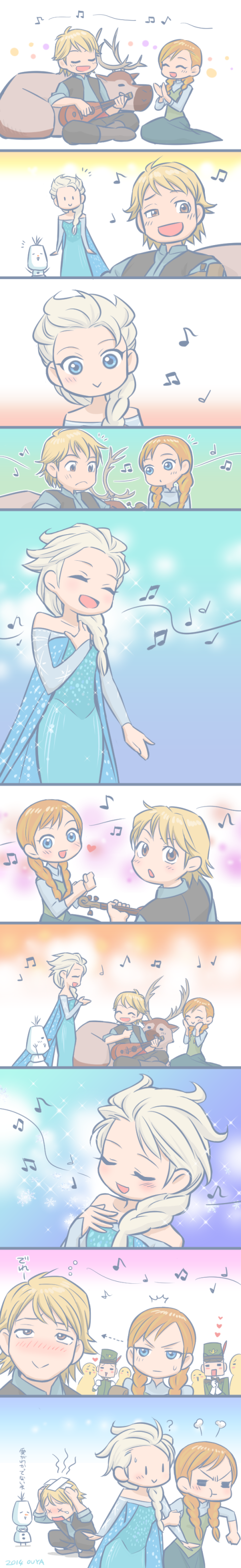 2girls, absurdres, anna_(frozen), comic, disney, elsa_(frozen), frozen_(disney), highres, kristoff, multiple_girls, music, olaf_(frozen), ouya, singing