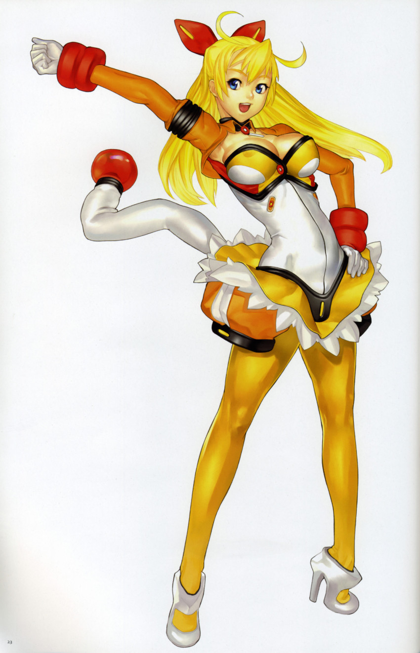 1girl, absurdres, anal_tail, antenna_hair, arched_back, arm_up, armpits, blonde_hair, blue_eyes, bow, breasts, butt_plug, cleavage, cleavage_cutout, clenched_hand, clothing_cutout, covered_erect_nipples, dress, fake_tail, female_focus, frills, full_body, gloves, hair_ornament, hakua_ugetsu, hand_on_own_hip, high_heels, highres, hip_focus, jewelry, large_breasts, legs_apart, long_hair, looking_at_viewer, malon_(taisen_hot_gimmick), official_art, open_mouth, orange_pantyhose, pantyhose, pendant, raised_fist, scan, sex_toy, shoes, short_dress, sideboob, simple_background, solo, standing, tail, taisen_hot_gimmick, taisen_hot_gimmick_5, tiptoes, turtleneck, wide_hips