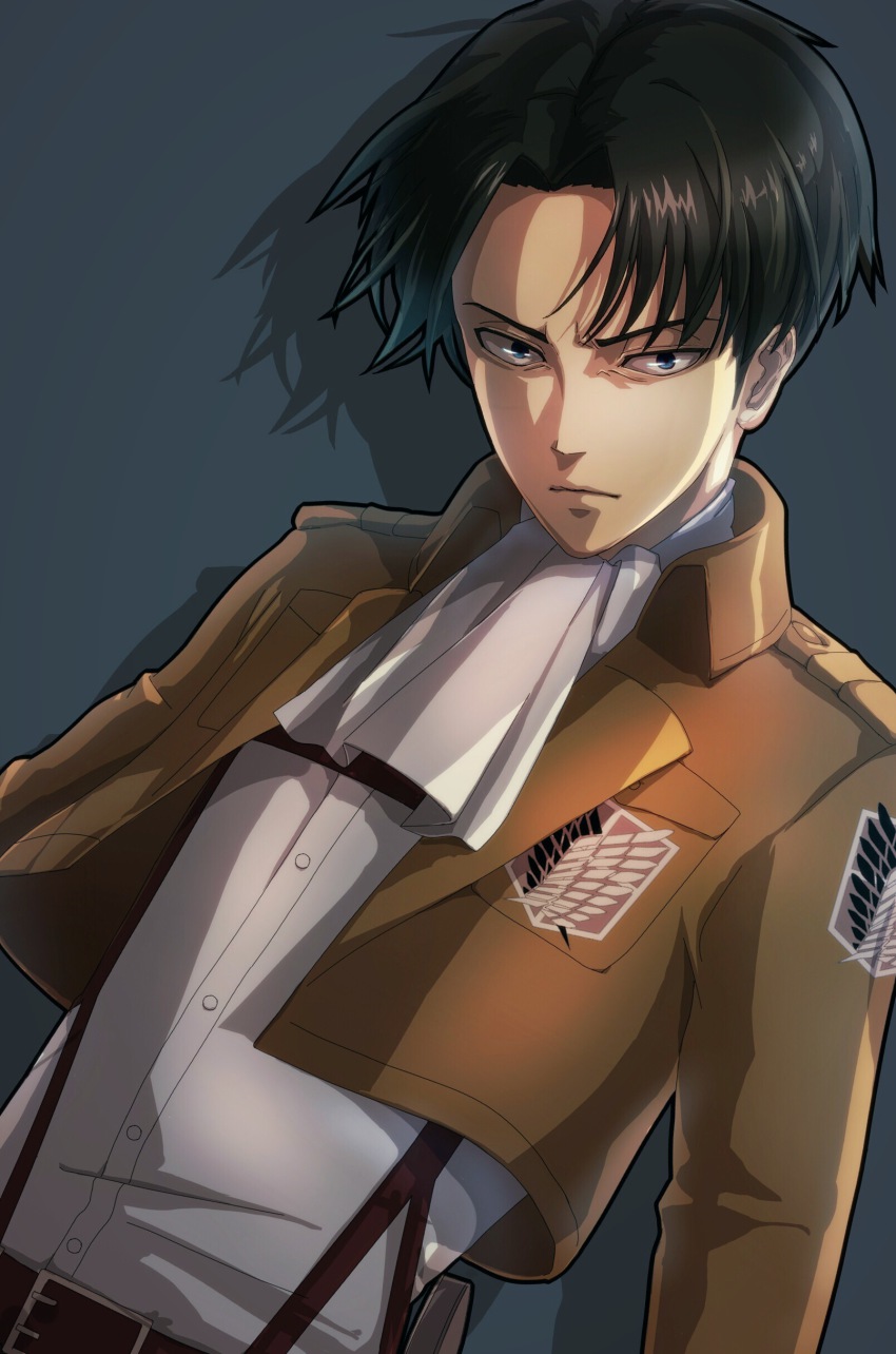 1boy, absurdres, ascot, belt, black_hair, blue_eyes, highres, insignia, jacket, kokore358, levi_(shingeki_no_kyojin), male_focus, shingeki_no_kyojin, short_hair, solo, strap