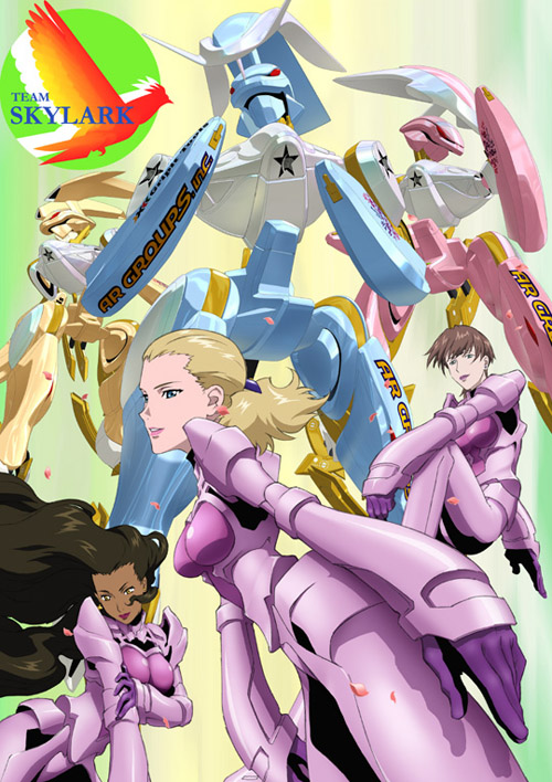 00s, 3girls, blonde_hair, blue_eyes, brown_hair, dark-skinned_female, dark_skin, elisa_doolittle, fantine_valjean, igpx, jessica_darlin, long_hair, mecha, multiple_girls, robot, short_hair, team_skylark