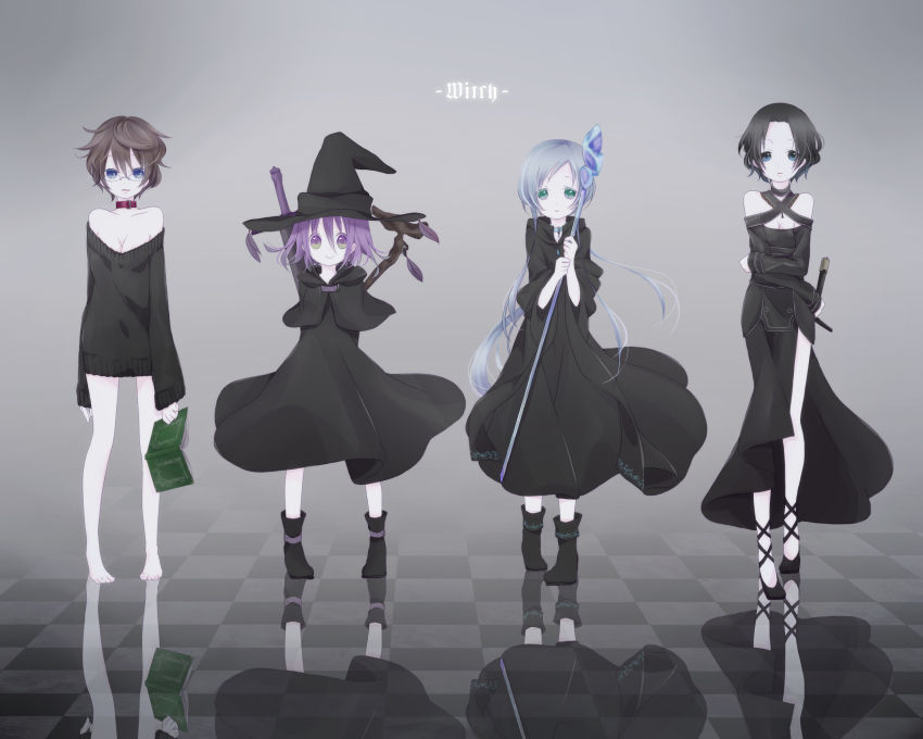 4girls, bad_id, bad_pixiv_id, bara_no_maria, betty_(bara_no_maria), black_dress, black_hair, blue_hair, dress, glasses, hat, highres, korona_(bara_no_maria), meroru, multiple_girls, purple_hair, safinia, staff, tomoyo_(bara_no_maria), witch, witch_hat