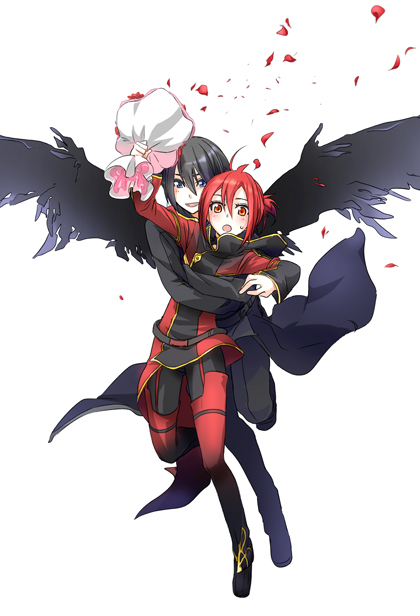 2boys, azian, bara_no_maria, black_hair, black_wings, blue_eyes, bouquet, flower