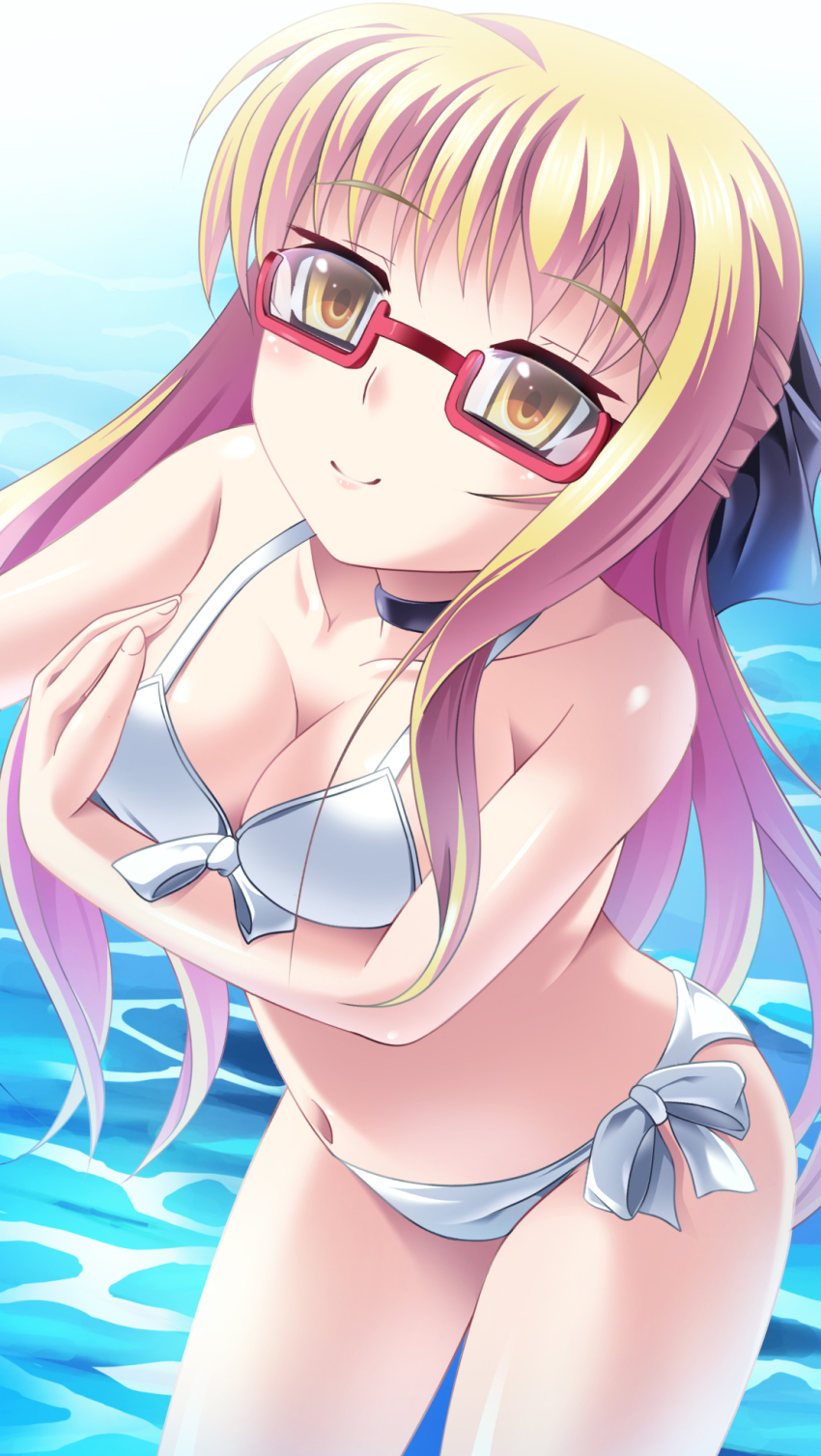 1girl, bikini, blonde_hair, breasts, cleavage, female_focus, front-tie_top, glasses