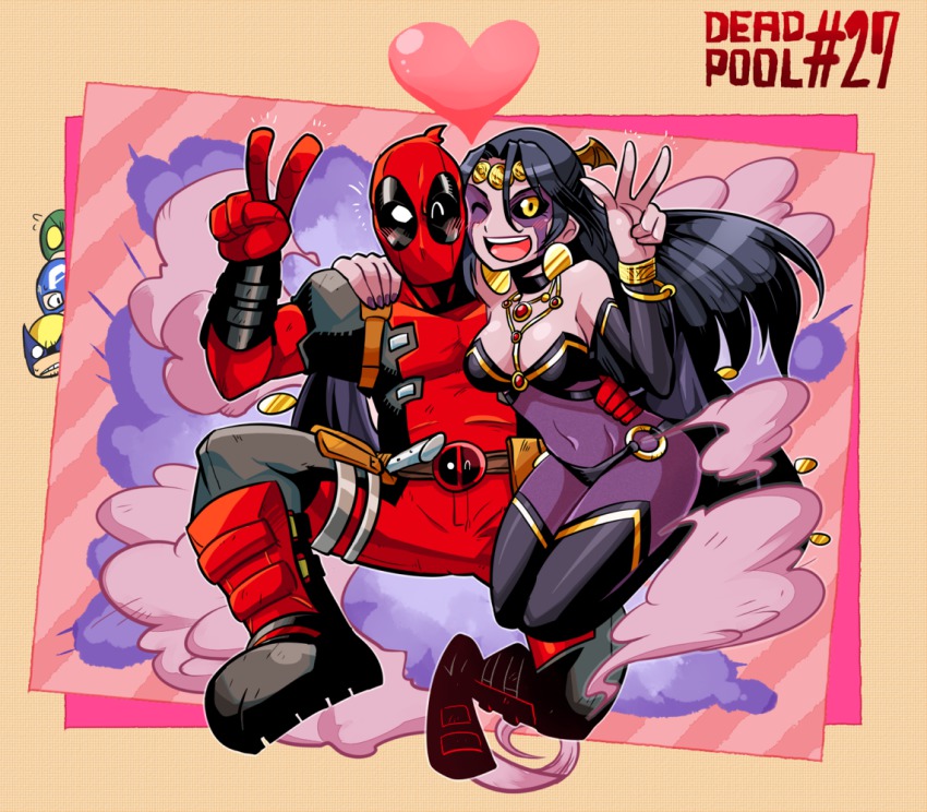 1girl, 4boys, arm_around_shoulder, belt, black_hair, black_sclera, blush, bob_agent_of_hydra, boots, captain_america, chibi, chibi_inset, colored_sclera, couple, deadpool, deadpool_(series), demon_girl, detached_sleeves, head_wings, heart, jewelry, long_hair, lots_of_jewelry, marvel, mask, multiple_boys, nail_polish, necklace, one_eye_closed, rariatto_(ganguri), shiklah, smile, steve_rogers, thigh_boots, thighhighs, v, wings, wink, wolverine_(x-men), x-men, yellow_eyes