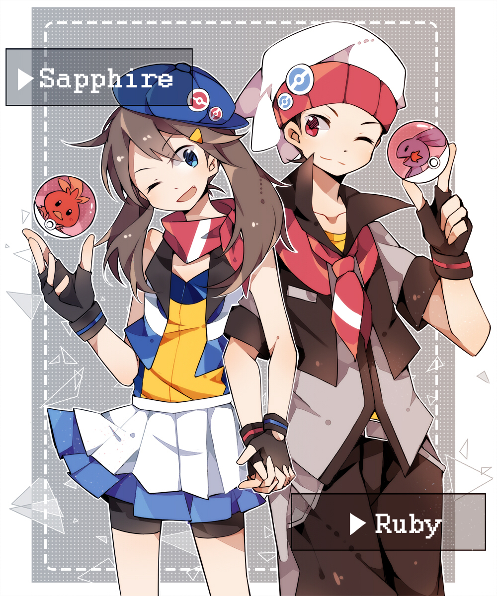 10s, 1boy, 1girl, alternate_costume, belt, bike_shorts, black_hair, blue_eyes, brendan_(pokemon), brown_hair, character_name, fang, fingerless_gloves, fuuko_(2679566944), gen_3_pokemon, gloves, hair_ornament, hairclip, hat, hetero, highres, holding_hands, long_hair, may_(pokemon), mudkip, nintendo, one_eye_closed, pleated_skirt, poke_ball, poke_ball_(basic), poke_ball_print, pokemon, pokemon_(creature), pokemon_adventures, pokemon_omega_ruby_and_alpha_sapphire, red_eyes, scarf, shirt, short_hair, skirt, sleeveless, sleeveless_shirt, torchic, twintails, vest, wink