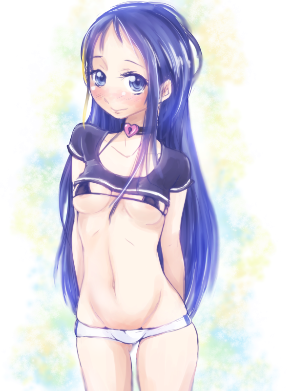 10s, 1girl, arms_behind_back, blue_eyes, blue_hair, blush, bra, crop_top, female_focus, kantai_collection, long_hair, looking_at_viewer, lowleg, ma2da, matching_hair/eyes, samidare_(kancolle), smile, solo, underwear, very_long_hair