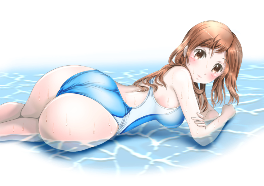 1girl, ass, breasts, brown_eyes, brown_hair, competition_swimsuit, derivative_work, female_focus, large_breasts, long_hair, looking_at_viewer, lying, mashinatsu, on_side, one-piece_swimsuit, original, partially_submerged, reiji-sss, smile, solo, swimsuit, water, wet