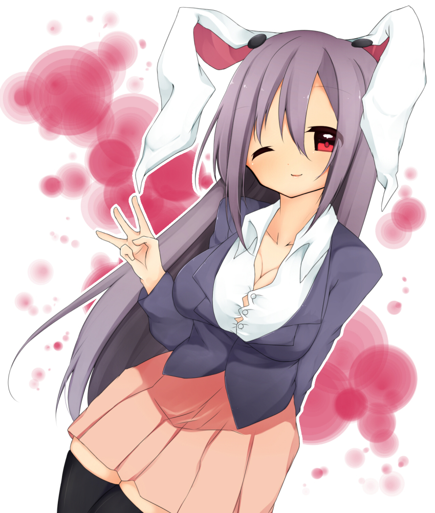 1girl, a-iueo, animal_ears, black_thighhighs, breasts, cleavage, collarbone, female_focus, highres, jacket, large_breasts, long_hair, long_sleeves, looking_at_viewer, one_eye_closed, purple_hair, rabbit_ears, red_eyes, reisen_udongein_inaba, shirt, skirt, smile, solo, thighhighs, touhou, undersized_clothes, very_long_hair, wink, zettai_ryouiki