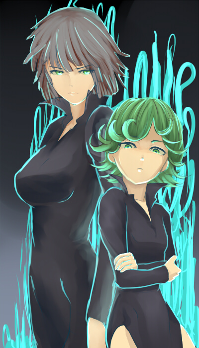 2girls, aura, bad_id, bad_pixiv_id, black_dress, black_hair, breasts, crossed_arms
