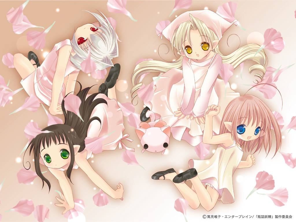 00s, 4girls, :d, ahoge, animal, bare_shoulders, binzume_yousei, black_hair