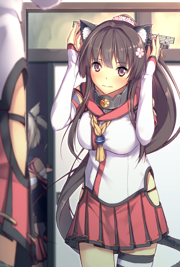 10s, 2girls, amanuki-san, animal_ears, blonde_hair, breasts, brown_eyes, brown_hair, cat_ears, cat_tail, dark-skinned_female, dark_skin, fake_animal_ears, fake_tail, flower, hair_flower, hair_ornament, kantai_collection, large_breasts, long_hair, miniskirt, mirror, multiple_girls, musashi_(kancolle), personification, pleated_skirt, ponytail, reflection, single_thighhigh, skirt, surprised, tail, thighhighs, twintails, two_side_up, yamato_(kancolle)