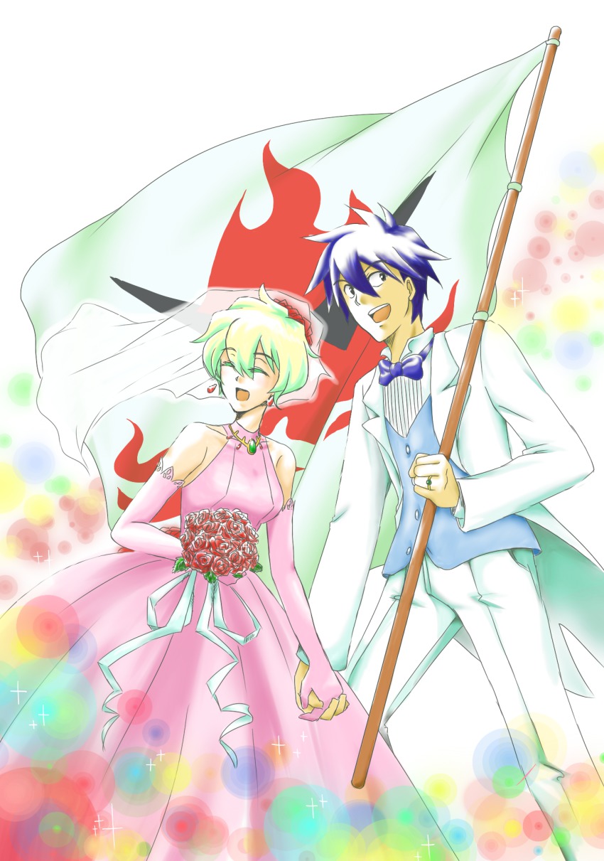 00s, 1boy, 1girl, blue_hair, bow, bowtie, couple, dress