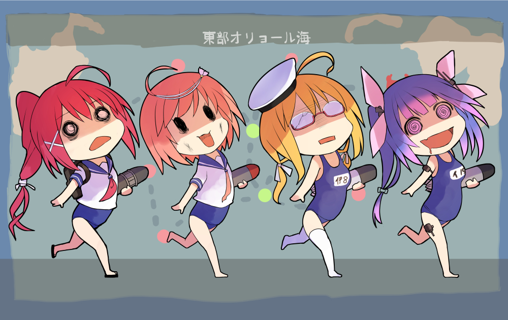 10s, 4girls, @_@, ahoge, blonde_hair, blue_hair, chibi, crack