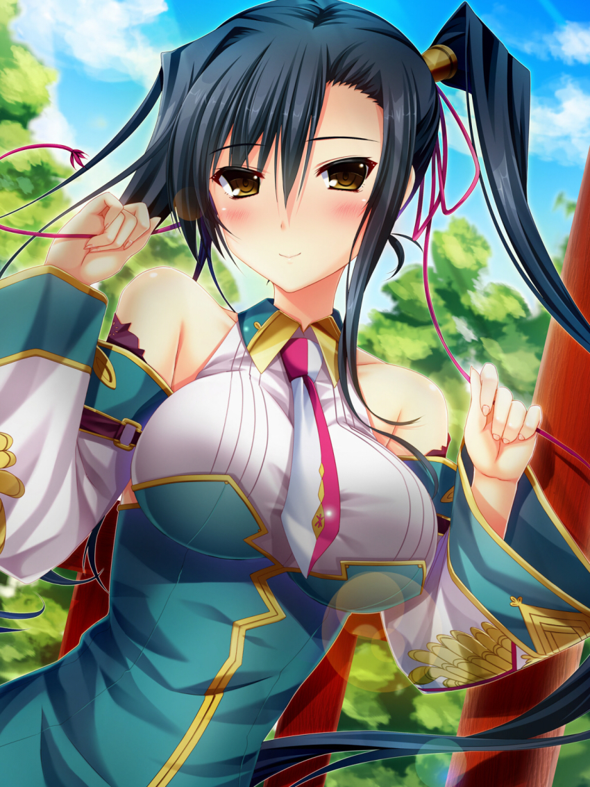 1girl, bare_shoulders, black_hair, brown_eyes, female_focus, highres, kan'u_(koihime_musou), koihime_musou