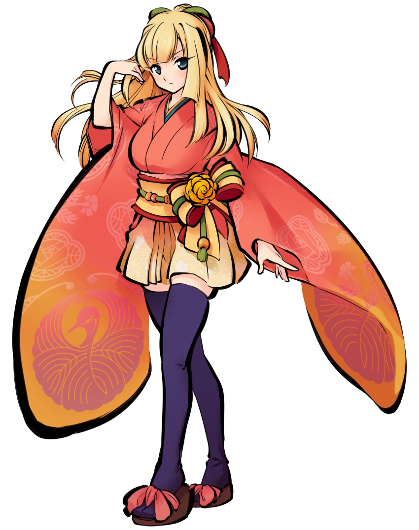 1girl, absurdres, adjusting_hair, artist_request, black_thighhighs, blonde_hair, blue_eyes, female_focus, highres, japanese_clothes, kakuriyo_no_mon, long_hair, long_sleeves, sandals, simple_background, solo, thighhighs, tsuchimikado_sumiki, white_background, wide_sleeves