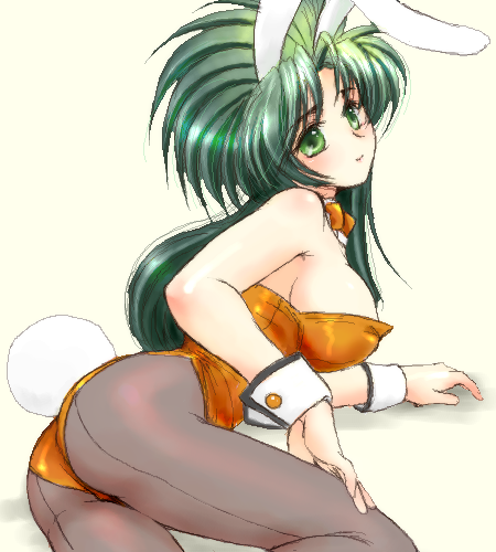 1girl, animal_ears, ass, back-seamed_legwear, fake_animal_ears, female_focus, green_eyes, green_hair
