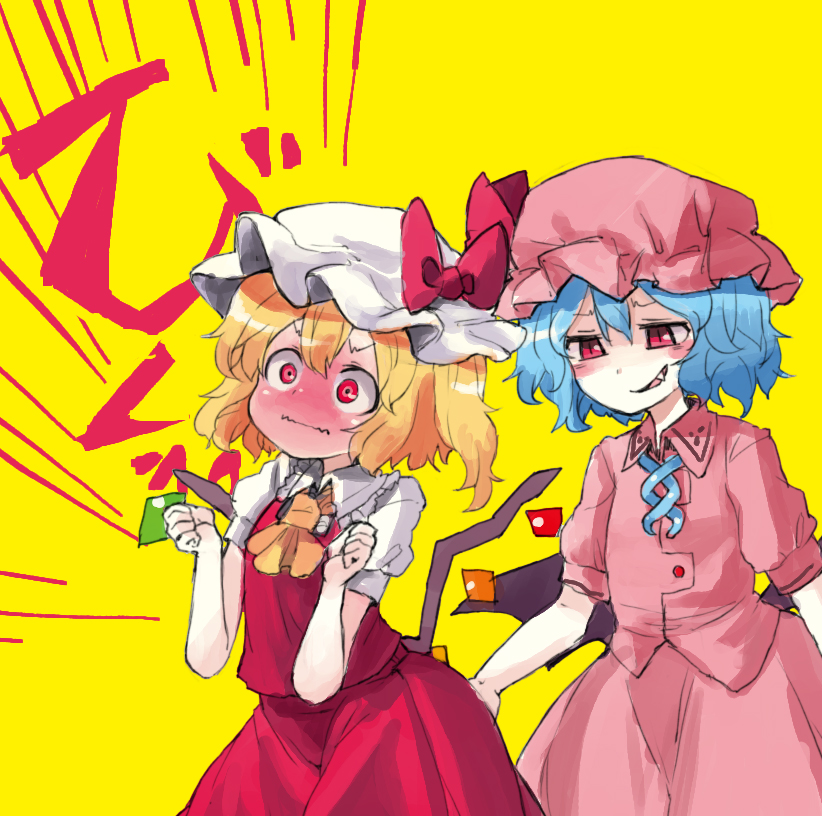 2girls, ascot, ass, bat_wings, blonde_hair, blue_hair, blush, digging_your_own_grave