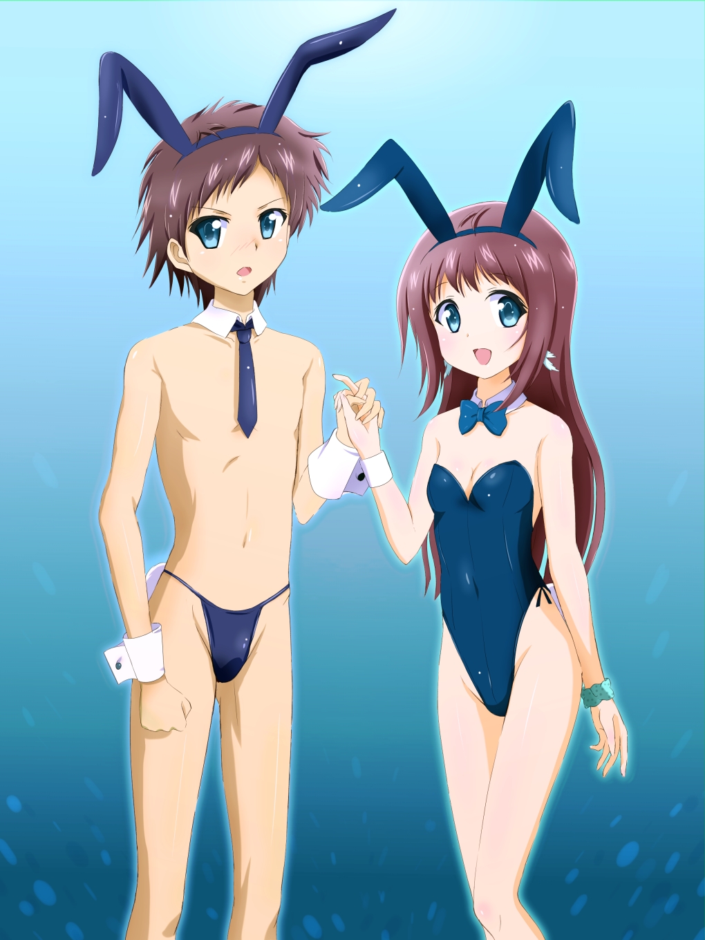 10s, 1boy, 1girl, animal_ears, blue_eyes, blue_male_swimwear, bow, bowtie