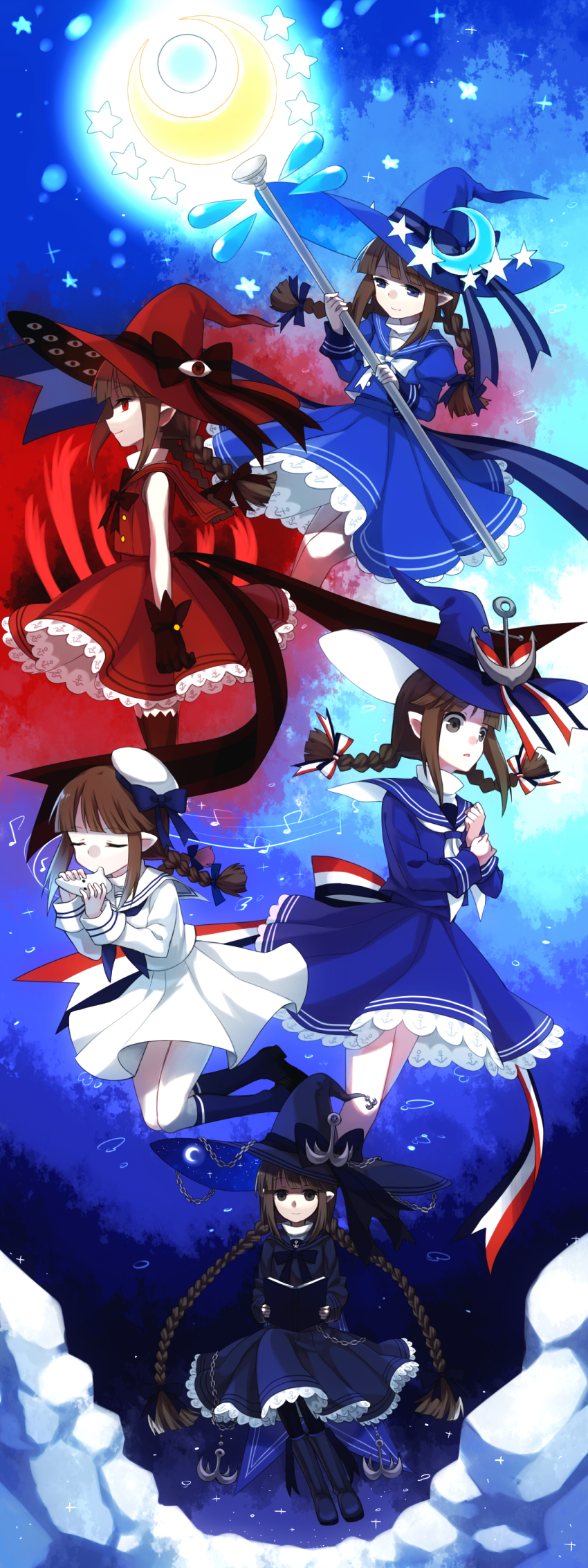 5girls, absurdres, anchor, blue_eyes, book, boots, bow, braid