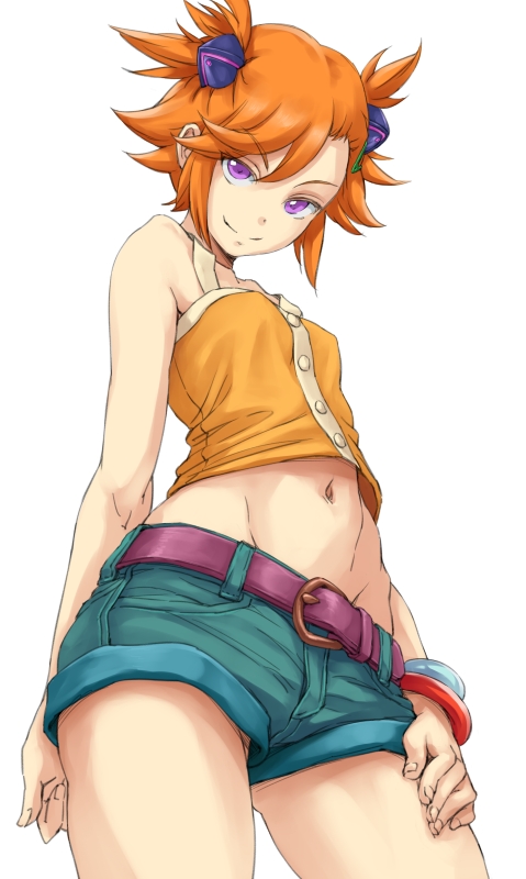10s, 1girl, bad_id, bad_pixiv_id, belt, bracelet, breasts, captain_earth, denim, denim_shorts, female_focus, hair_ornament, hand_on_own_hip, iguchi_(strawmat), jewelry, looking_at_viewer, looking_down, midriff, naughty_face, navel, orange_hair, purple_eyes, short_hair, short_shorts, shorts, small_breasts, smile, solo, tank_top, yomatsuri_akari